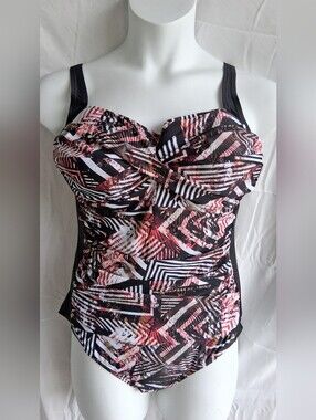 Emerald Bay Black & Multi Color Geo Print One Piece Swimsuit Sz 18 NWT